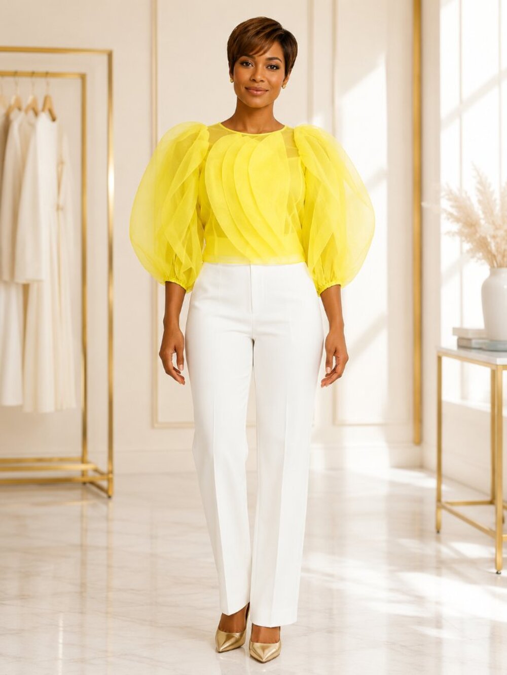 Yellow Sheer Voluminous Puff Sleeve Statement Blouse Size S